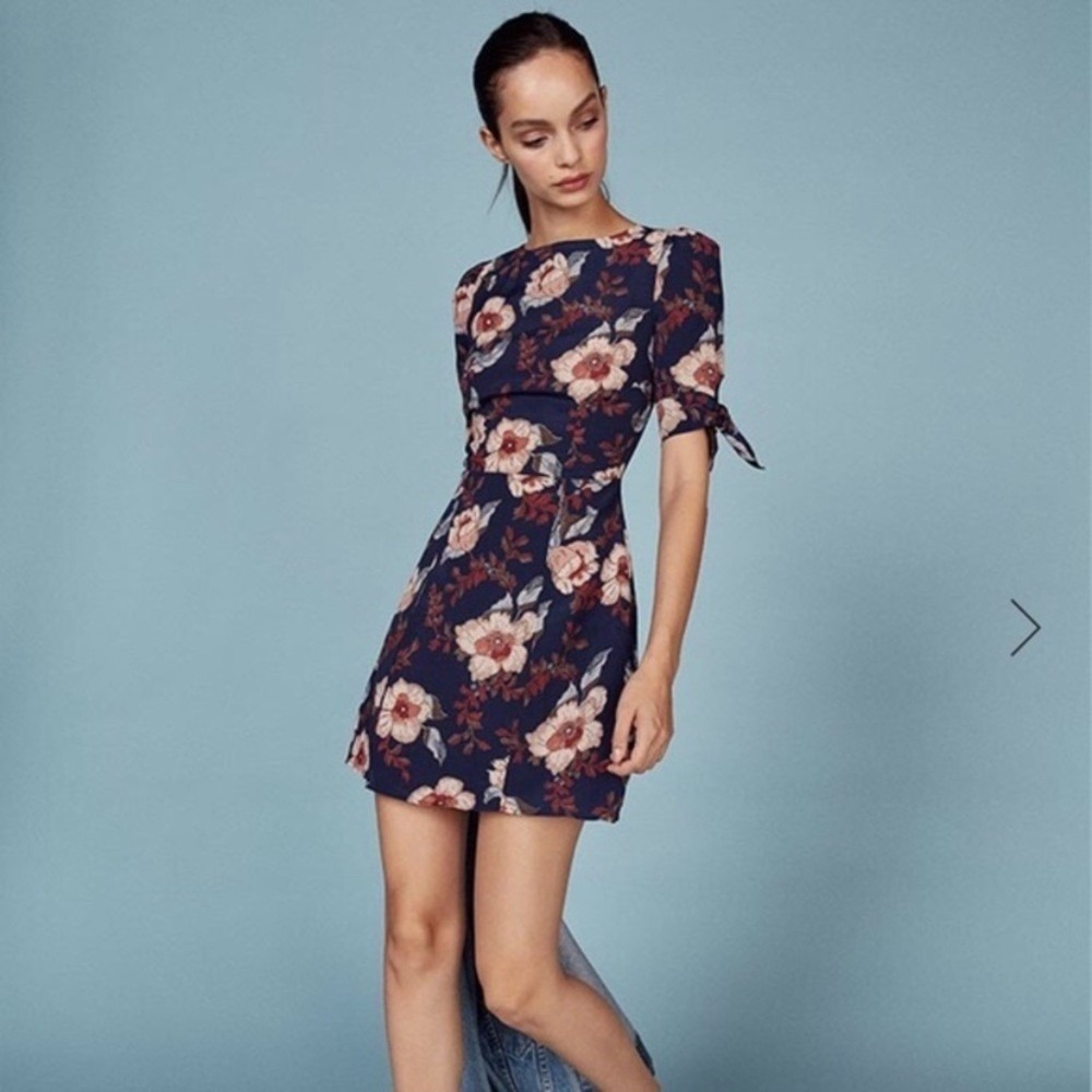 Reformation Bertie Dress Minka Floral Navy Blue Mini Short Tie Sleeve Size 4